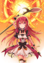 Rule 34 | 1girl, black bow, black bowtie, bow, bowtie, cattleya (flower knight girl), closed mouth, cowboy shot, fire, flower knight girl, holding, holding staff, kusumoto miya, long hair, looking at viewer, orange background, red eyes, red hair, skirt, smile, solo, staff, waist bow, white skirt, wrist cuffs