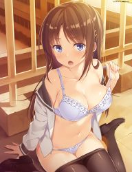 Rule 34 | &gt;:o, 1girl, :o, absurdres, artist name, black pantyhose, blue bra, blue eyes, blue panties, bow, bow bra, bow panties, bra, breasts, brown hair, cleavage, clothes pull, collarbone, dengeki moeou, hair ornament, hairclip, highres, lace, lace-trimmed bra, lace-trimmed panties, lace trim, loafers, long hair, looking at viewer, navel, no pants, non-web source, open clothes, open mouth, open shirt, outdoors, panties, pantyhose, pantyhose pull, shirt, shoes, sitting, sleeves past wrists, solo, strap slip, underwear, undressing, v-shaped eyebrows, wariza, yuuki hagure