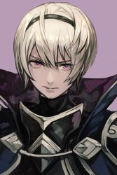 Rule 34 | 1boy, blonde hair, bob cut, fire emblem, fire emblem fates, half-closed eyes, high collar, hungry clicker, leo (fire emblem), looking at viewer, male focus, nintendo, portrait, purple background, simple background, solo, v-shaped eyebrows