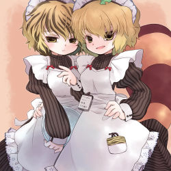 Rule 34 | 2girls, alternate costume, animal print, apron, arm around waist, bad id, bad pixiv id, biyon, blonde hair, blush, brown dress, brown hair, cosplay, dress, enmaided, female focus, futatsuiwa mamizou, hand on own hip, juliet sleeves, leaf, leaf on head, long sleeves, looking at viewer, maid, maid apron, maid headdress, multicolored hair, multiple girls, notepad, object on head, open mouth, puffy sleeves, raccoon tail, short hair, smile, striped clothes, striped dress, tail, tiger print, toramaru shou, toramaru shou (cosplay), touhou, tray, two-tone hair, yellow eyes