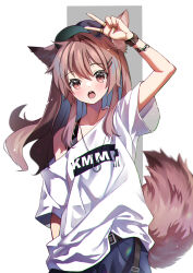 Rule 34 | 07touka25, 1girl, :o, absurdres, animal ears, baseball cap, belt, blue pants, brown eyes, brown hair, fox ears, fox girl, fox tail, grey background, hat, highres, jewelry, long hair, multiple rings, off shoulder, open mouth, original, oversized clothes, oversized shirt, pants, ring, shirt, short sleeves, simple background, single bare shoulder, solo, tail, two-tone background, v, white background, white shirt, wristband