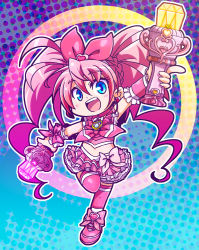 Rule 34 | 10s, 1girl, :d, blue background, blue eyes, bow, braid, brooch, chibi, choker, cure melody, dual wielding, earrings, frills, full body, gem, holding, houjou hibiki, jewelry, long hair, magical girl, open mouth, pink bow, pink hair, pink skirt, pink thighhighs, precure, shoes, skirt, smile, solo, standing, standing on one leg, suite precure, tashiaki (sesoken), tatsu (seisouken), thighhighs, twintails, wand