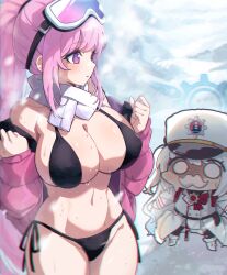 Rule 34 | 2girls, 2ta2ta, absurdres, bikini, blue archive, blue halo, breasts, cherino (blue archive), cleavage, coat, eimi (blue archive), eimi (swimsuit) (blue archive), fake facial hair, fake mustache, fur hat, goggles, goggles on head, halo, hat, highres, jacket, large breasts, long hair, long sleeves, multiple girls, navel, official alternate costume, open clothes, open jacket, pink eyes, pink hair, pink jacket, ponytail, shaded face, ski goggles, sweat, swimsuit, two side up, ushanka, white bikini, white coat, white hair, white headwear