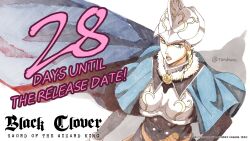 Rule 34 | 1girl, armor, artist request, black clover, black clover: sword of the wizard king, blonde hair, blue cape, braid, braided ponytail, breastplate, cape, charlotte roselei, copyright name, countdown, english text, from above, front ponytail, fur collar, golden rose, helmet, highres, long sleeves, looking at viewer, official art, official style, open mouth, serious, short hair, solo, upper body