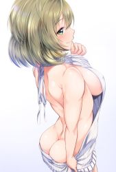 Rule 34 | 10s, 1girl, arched back, ass, backless dress, backless outfit, bad id, bad twitter id, bare back, blush, breasts, brown hair, butt crack, covered erect nipples, dress, garana, gradient background, green eyes, halterneck, idolmaster, idolmaster cinderella girls, large breasts, looking at viewer, meme attire, naked sweater, ribbed sweater, short hair, sideboob, simple background, smile, solo, sweater, sweater dress, takagaki kaede, turtleneck, turtleneck sweater, virgin killer sweater, white background