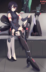 Rule 34 | 2girls, aksis (destiny), alien, armband, armor, black air, black background, boots, cable, colored tips, cyborg, dated, destiny (game), detached sleeves, green hair, hair between eyes, hair flaps, kuroda kuwa, leg up, looking at viewer, mecha musume, mechanical parts, mole, mole under eye, multicolored hair, multiple girls, neon trim, personification, red hair, short hair with long locks, simple background, sitting, siva (destiny), standing, thighhighs