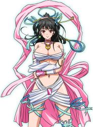 Rule 34 | 1girl, bare shoulders, black hair, blush, breasts, collar, crossed arms, earrings, elbow gloves, game cg, gloves, hair ornament, huge breasts, jewelry, legs, long hair, looking at viewer, navel, red eyes, sarashi, sexual arts meister, simple background, smile, solo, standing, thighs, white background