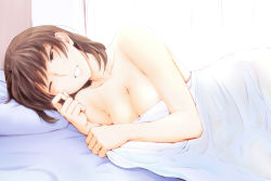 Rule 34 | 1girl, amagami, bed, bed sheet, blush, breasts, cleavage, cowboy shot, large breasts, long hair, looking at viewer, lying, no bra, on side, one eye closed, open clothes, open mouth, open shirt, pillow, sasaki akira (ugc), shirt, sketch, smile, solo, tsukahara hibiki