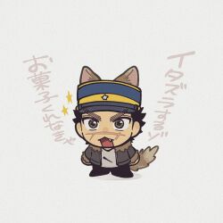 Rule 34 | 1boy, animal ears, black hair, brown eyes, brown hair, chibi, facial scar, fang, fang out, fox boy, fox ears, fox tail, full body, golden kamuy, hat, highres, kemonomimi mode, kepi, long sleeves, male focus, military hat, scar, scar on cheek, scar on face, scar on mouth, scar on nose, short hair, simple background, solo, sparkle, spiked hair, sugimoto saichi, tail, tonta (tonta1231), v-shaped eyebrows