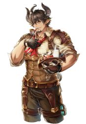 Rule 34 | 1boy, anjingkuxiao, bara, barawa, brown eyes, brown hair, brown pants, bulge, collarbone, cropped legs, draph, facial hair, goatee, goggles, goggles on headwear, granblue fantasy, hat, unworn hat, unworn headwear, highres, horns, large pectorals, leather belt, male focus, mature male, muscular, muscular male, one eye closed, pants, pectorals, pointy ears, red neckwear, shirt, short hair, sideburns, sleeves rolled up, smile, solo, thick thighs, thighs, tight clothes, tight shirt