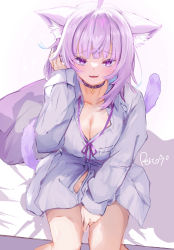 Rule 34 | 1girl, absurdres, ahoge, animal ears, artist name, bed, blush, breasts, cat ears, cat girl, cat tail, cleavage, collar, collarbone, dress shirt, from above, highres, hololive, looking at viewer, nekomata okayu, purple eyes, purple hair, reitou mkn, ribbon, shiny skin, shirt, sitting, tail, virtual youtuber