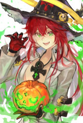 Rule 34 | gloves, green eyes, colored smoke, guilty gear, guilty gear strive, halo, hat, highres, jack-o&#039;-lantern, jack-o&#039; valentine, jewelry, levvellevvel, necklace, pumpkin, red hair, simple background, smoke, witch hat