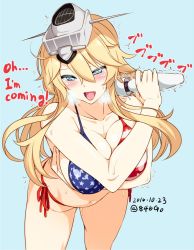 Rule 34 | 10s, 1girl, 846-gou, american flag bikini, bikini, blonde hair, blue background, blue eyes, blush, breast hold, breasts, cleavage, collarbone, english text, flag print, headgear, heavy breathing, hitachi magic wand, holding, iowa (kancolle), kantai collection, large breasts, leaning forward, long hair, navel, open mouth, sex toy, sexually suggestive, side-tie bikini bottom, simple background, solo, star-shaped pupils, star (symbol), sweat, swimsuit, symbol-shaped pupils, translation request, trembling, vibrator