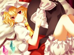 Rule 34 | 1girl, ascot, bad id, bad pixiv id, bed, bed sheet, blonde hair, bloomers, borrowed clothes, dress, flandre scarlet, hat, holding, holding clothes, holding hat, jitome, looking at viewer, lying, on back, puffy short sleeves, puffy sleeves, red dress, red eyes, short hair, short sleeves, side ponytail, solo, touhou, underwear, unworn hat, unworn headwear, witch hat, yuka yukiusa