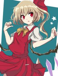 Rule 34 | 1girl, bad id, bad pixiv id, blonde hair, blush, bow, bowtie, collared shirt, cowboy shot, crystal, dress shirt, flandre scarlet, hands up, highres, looking at viewer, puffy short sleeves, puffy sleeves, red bow, red eyes, red skirt, red vest, shirt, short sleeves, side ponytail, skirt, solo, spread wings, star (symbol), swav, tosk (swav-coco), touhou, vest, white shirt, wings, yellow bow, yellow bowtie
