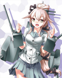 Rule 34 | 10s, 1girl, absurdres, breasts, brown hair, cannon, green eyes, hair ornament, hair ribbon, highres, kantai collection, kimagure ringo, long hair, open mouth, personification, pleated skirt, ponytail, ribbon, school uniform, serafuku, skirt, smile, solo, turret, very long hair, yura (kancolle)