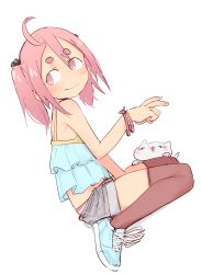 Rule 34 | 1girl, absurdres, ahoge, eds, female focus, happy (eds), highres, original, panties, panty peek, pink eyes, shoes, short shorts, shorts, simple background, smile, sneakers, solo, twintails, underwear, white background