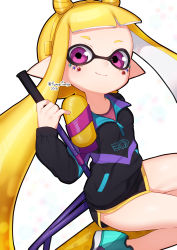 Rule 34 | 1girl, arm behind back, bad id, bad pixiv id, black jacket, black shorts, blonde hair, blunt bangs, busujima funya, closed mouth, commentary, demon horns, dolphin shorts, facial tattoo, fake horns, floating, gym shorts, highres, holding, holding weapon, horns, inkling, inkling girl, inkling player character, jacket, legs up, light particles, logo, long hair, long sleeves, looking at viewer, nintendo, pointy ears, purple eyes, red shirt, shirt, short shorts, shorts, smile, solo, splat roller (splatoon), splatoon (series), splatoon 2, tattoo, tentacle hair, twitter username, weapon, white background, zipper