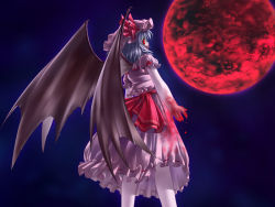 Rule 34 | 1girl, bad anatomy, bat wings, blood, blood on clothes, blood on hands, dress, female focus, full moon, jerry, moon, moonlight, night, pink dress, red moon, red ribbon, remilia scarlet, ribbon, solo, standing, touhou, vampire, wings