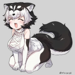 Rule 34 | 1girl, :3, :d, ^ ^, animal ear fluff, animal ears, bare shoulders, black hair, breasts, closed eyes, commentary, dog ears, dog girl, dog tail, elbow gloves, facing away, fang, fictional persona, full body, gloves, grey background, happy, husky ears, kemono friends, large breasts, multicolored hair, nyifu, open mouth, original, pantyhose, short hair, simple background, smile, solo, tail, turtleneck, twitter username, two-tone hair, white hair