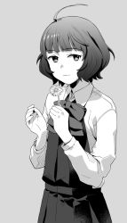 Rule 34 | 1girl, ahoge, banned artist, blunt bangs, bow, bowtie, closed mouth, dress, flower, greyscale, holding, holding flower, kantai collection, kishinami (kancolle), long sleeves, looking at viewer, makio (makiomeigenbot), monochrome, short hair, simple background, solo