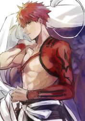 Rule 34 | 1boy, emiya shirou, fate/grand order, fate (series), holding, igote, limited/zero over, looking at viewer, male focus, parted lips, red hair, senji muramasa (fate), shima f0509, sketch, solo, spiked hair, toned, toned male, upper body, wristband, yellow eyes