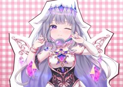 Rule 34 | 1girl, blush, chest jewel, corset, crime prevention buzzer, crown, gem, hair flaps, highres, hololive, hololive english, koseki bijou, long hair, looking at viewer, one eye closed, purple eyes, purple hair, shukusei!! loli-gami requiem, smile, solairoaoiro, very long hair, virtual youtuber, wings, wink