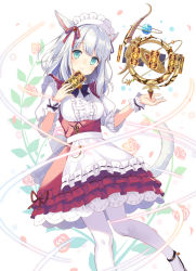 Rule 34 | 10s, 1girl, animal ears, apron, aqua eyes, astrologian (final fantasy), card, closed mouth, dress, facial mark, final fantasy, final fantasy xiv, floral background, flower, frilled apron, frills, hands up, holding, holding card, kurasawa moko, long hair, looking at viewer, maid, maid headdress, miqo&#039;te, pantyhose, puffy short sleeves, puffy sleeves, red dress, rose, short sleeves, silver hair, smile, solo, standing, waist apron, warrior of light (ff14), white pantyhose