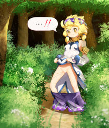 Rule 34 | 1girl, blonde hair, blush, bush, censored, clothes lift, clothes pull, dress, dress lift, enshuu ritsu, highres, lifted by self, looking at viewer, outdoors, peeing, pussy, shorts, shorts pull, solo, standing, yellow eyes