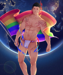 Rule 34 | 1boy, abs, arm tattoo, bara, bare pectorals, black hair, bulge, chest tattoo, facial hair, facial tattoo, feet out of frame, flaccid, flag, flapping, globe, goatee, green eyes, gyee, highres, holding, holding flag, impossible clothes, leg tattoo, lgbt pride, loincloth, looking at viewer, male focus, mature male, muscular, muscular male, navel, nipples, pectorals, priapus a. tarou, rainbow flag, red pupils, revealing clothes, short hair, sideburns, solo, spiked hair, stomach, stomach tattoo, stubble, tattoo, thick thighs, thighs, yzpyn