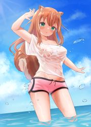 Rule 34 | 1girl, animal ears, arm up, ayunda risu, blush, breasts, brown hair, cloud, green eyes, highres, hololive, hololive indonesia, long hair, medium breasts, nipples, no bra, open mouth, outdoors, partially submerged, pink shorts, see-through, shirt, short shorts, shorts, sky, solo, squirrel ears, squirrel girl, squirrel tail, tail, telomere, virtual youtuber, wading, water, water drop, wet, wet clothes, wet shirt, white shirt