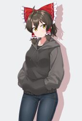 Rule 34 | 1girl, absurdres, black hoodie, black shirt, blue pants, blush, bow, brown eyes, brown hair, closed mouth, commentary request, cookie (touhou), cowboy shot, denim, drop shadow, frilled bow, frills, gnzy, grey background, hair bow, hair tubes, hakurei reimu, hands in pockets, highres, hood, hoodie, jeans, long sleeves, looking to the side, maru (cookie), pants, red bow, shirt, short hair, simple background, solo, standing, touhou