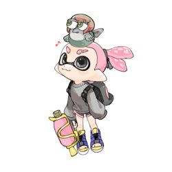 Rule 34 | 1boy, :3, black eyes, black shorts, closed mouth, dot nose, eyebrow cut, full body, grey sweater, gun, holding, holding gun, holding weapon, inkling, inkling boy, inkling player character, musical note, nintendo, pink hair, pink trim, pointy ears, shoes, short hair, short shorts, shorts, simple background, sleeves past fingers, sleeves past wrists, smallfry (splatoon), spl8ya, splatoon (series), splatoon 3, splattershot (splatoon), standing, sweater, tentacle hair, thick eyebrows, weapon, white background