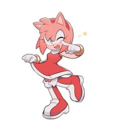 Rule 34 | 1girl, amy rose, animal ears, animal nose, boots, bracelet, commentary, dress, full body, furry, furry female, gloves, green eyes, hairband, highres, jewelry, looking at viewer, mo0n friend, one eye closed, open mouth, red dress, red footwear, red hairband, simple background, smile, solo, sonic (series), star (symbol), symbol-only commentary, white background, white gloves