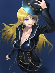 Rule 34 | 1girl, artist name, artist request, ayase eli, black bodysuit, black hat, black pants, blonde hair, blue background, blue eyes, blush, bodysuit, breasts, chain, cleavage, collarbone, cowboy hat, diamond princess no yuuutsu, female focus, floating hair, gold chain, hair between eyes, half-closed eyes, hat, high ponytail, holding, holding clothes, holding hat, jewelry, long hair, long sleeves, looking at viewer, love live!, love live! school idol festival, love live! school idol project, nail, nail polish, pants, parted lips, pink nails, ponytail, short hair, smile, solo, unworn headwear, zipper, zipper pull tab