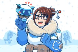 Rule 34 | 1girl, 2boys, blue gloves, blush, breasts, brown eyes, brown hair, cassidy (overwatch), elbow gloves, genji (overwatch), glasses, gloves, hair bun, hair ornament, happy, highres, jen-jen rose, large breasts, mei (overwatch), multiple boys, open mouth, overwatch, overwatch 1, robot, simple background, single hair bun, smile, snowball (overwatch), upper body, white background