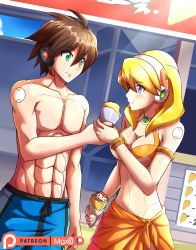 Rule 34 | 1boy, 1girl, :t, abs, absurdres, adapted costume, alia (mega man), alternate costume, android, arm at side, armlet, bare shoulders, bikini, blonde hair, blue eyes, blue male swimwear, blue swim trunks, blush, boxers, bracelet, breasts, brown hair, capcom, cleavage, closed mouth, collarbone, commentary, couple, crepe, criss-cross halter, drawstring, eating, english commentary, eye contact, eyes visible through hair, food, green eyes, hair between eyes, halterneck, headphones, hetero, highres, holding, holding food, holding hands, jewelry, long hair, looking at another, male swimwear, male underwear, medium breasts, mega man (series), x (mega man), mega man x (series), mgx0, midriff, neck, orange bikini, orange sarong, outdoors, patreon username, pectorals, robot ears, sarong, sharing food, side-by-side, smile, standing, swim trunks, swimsuit, topless male, underwear