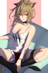 Rule 34 | 1girl, :q, animal ears, arknights, bare arms, bare shoulders, black socks, blonde hair, breasts, brown eyes, candy, cleavage, collar, collarbone, couch, cutoffs, food, highres, icycore, kneehighs, large breasts, lion ears, lion girl, lion tail, lollipop, long hair, looking at viewer, mouth hold, no shoes, on couch, ponytail, red shorts, shirt, short shorts, shorts, siege (arknights), sitting, sleeveless, socks, solo, tail, tank top, thigh strap, tongue, tongue out, two-tone background, white shirt