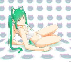 Rule 34 | 1girl, animal ears, bell, bra, breasts, cat cutout, cat ears, cat lingerie, chromatic aberration, cinderella bust, cleavage, cleavage cutout, clothing cutout, collar, frilled bra, frills, green eyes, green hair, hair ribbon, highres, jingle bell, long hair, medium breasts, meme attire, navel, original, panties, parted lips, ribbon, saruno (eyesonly712), side-tie panties, smile, solo, twintails, underwear, underwear only, very long hair, white bra, white panties, white ribbon