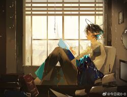 Rule 34 | 1boy, arknights, black hair, blanket, blue hair, book, book stack, brown pants, chair, chinese commentary, cityscape, collared shirt, colored inner hair, commentary request, desk, feet out of frame, from side, frown, highres, imahana017, indoors, lumen (arknights), male focus, mirror, multicolored hair, pants, picture frame, pointy ears, ship, shirt, solo, watercraft, weibo username, white shirt, window, writing, yellow eyes