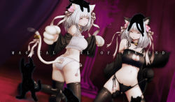 Rule 34 | 2girls, ^ ^, anal tail, animal, animal ears, animal hands, animal on head, ass, ass cutout, bell, black cat, black footwear, black panties, blue hair, blunt bangs, blush, boots, breasts, butt crack, butt plug, cat, cat cutout, cat ear panties, cat ears, cat lingerie, cat paws, cat tail, closed eyes, closed mouth, clothing cutout, coco (mahou shoujo of the end), commentary request, copyright name, curtains, detached sleeves, dutch angle, english text, fake tail, felice qaddaf, glowing, hair ornament, heart, heart cutout, heart hair ornament, high heels, highres, jingle bell, kneeling, lolo (mahou shoujo of the end), long sleeves, mahou shoujo of the end, medium breasts, meme attire, multiple girls, navel, nose blush, on head, panties, pedestal, reaching, reaching towards viewer, ribbon, sex toy, siblings, side-tie panties, sisters, sitting, smile, standing, tail, tail bell, tail ornament, tail ribbon, thigh boots, thighhighs, twins, underwear, untied, white panties, white ribbon