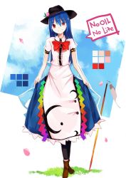 Rule 34 | 1girl, apron, black hat, black legwear, blouse, blue bow, blue hair, blue skirt, bow, brown footwear, english text, food, fruit, full body, grass, hat, highres, hinanawi tenshi, large bow, long hair, long skirt, looking at viewer, peach, rainbow gradient, rainbow order, red bow, red eyes, shirt, shoes, short sleeves, skirt, skirt hold, smile, solo, standing, sword of hisou, tetsurou (fe+), touhou, tower records, white shirt, wing collar