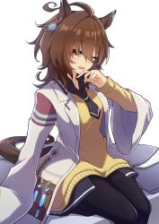 Rule 34 | 1girl, ;d, agnes tachyon (umamusume), ahoge, animal ears, black necktie, black pantyhose, black shirt, brown hair, brown sweater, collared shirt, commentary request, feet out of frame, hair between eyes, highres, horse ears, horse girl, horse tail, lab coat, long hair, long sleeves, necktie, one eye closed, open clothes, open mouth, pantyhose, red eyes, ruisuke, shirt, short necktie, simple background, sitting, sleeves past fingers, sleeves past wrists, smile, solo, sweater, tail, umamusume, white background, wide sleeves