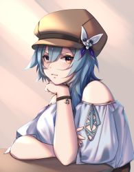 Rule 34 | 1girl, absurdres, bare shoulders, blouse, blue hair, breasts, cabbie hat, casual, eula (genshin impact), genshin impact, glasses, hat, highres, large breasts, long sleeves, looking at viewer, lyrie luna, shirt, solo, upper body, wristband