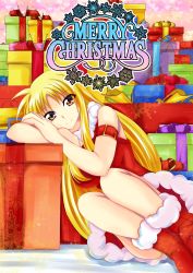 Rule 34 | 1girl, blonde hair, boots, christmas, closed mouth, commentary request, dress, english text, fate testarossa, fur-trimmed dress, fur trim, gift, highres, leaning to the side, long hair, looking at viewer, lyrical nanoha, mahou shoujo lyrical nanoha strikers, merry christmas, red dress, red eyes, red footwear, santa boots, santa dress, short dress, sitting, sleeveless, sleeveless dress, smile, solo, sparkle, w00l 09