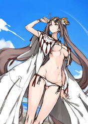 Rule 34 | 1girl, absurdres, bare shoulders, beach, bikini, blue sky, breasts, brown eyes, brown hair, cleavage, closed mouth, collarbone, day, earrings, eyewear on head, fate/grand order, fate (series), hair ornament, highres, isao, jewelry, long hair, looking to the side, looking up, medium breasts, multiple earrings, navel, open clothes, robe, sky, sunglasses, swimsuit, thighs, twintails, very long hair, white bikini, yu mei-ren (fate), yu mei-ren (swimsuit lancer) (fate)