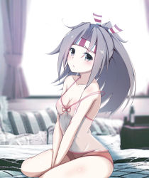 Rule 34 | 1girl, absurdres, alternate costume, breasts, camisole, grey eyes, grey hair, hachimaki, headband, high ponytail, highres, honma (honmatomohiro), kantai collection, long hair, nipples, panties, red panties, see-through, sitting, small breasts, solo, underwear, white camisole, zuihou (kancolle)