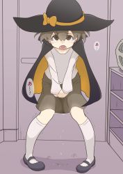 Rule 34 | 1girl, black cape, black footwear, black hat, blush, brown eyes, brown hair, brown skirt, cape, door, embarrassed, female focus, flat chest, full body, halloween, hat, have to pee, highres, indoors, japanese text, kneehighs, long sleeves, looking at viewer, matching hair/eyes, nose blush, open mouth, original, own hands together, peeing, peeing self, pigeon-toed, shirt, shoes, short hair, skirt, socks, solo, speech bubble, standing, taiya (pixiv 33530521), tears, teeth, translated, trembling, v arms, wet, wet clothes, white shirt, white socks, witch hat