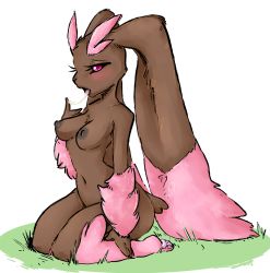Rule 34 | 1girl, alternate color, animal ears, animal hands, blush, breasts, collarbone, creatures (company), cum, cum in mouth, feet, full body, furry, furry female, game freak, gen 4 pokemon, glacier clear, grass, half-closed eyes, highres, kneeling, lopunny, medium breasts, navel, nintendo, nipples, nude, open mouth, personification, pink eyes, pokemon, pokemon (creature), pokemon dppt, rabbit ears, rabbit tail, saliva, shiny pokemon, simple background, solo, tail, tongue, white background