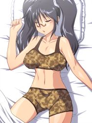 Rule 34 | 1girl, bed, bed sheet, blue hair, bra, breasts, cameltoe, camouflage, closed eyes, female focus, glasses, hinata aki, keroro gunsou, large breasts, lingerie, long hair, lying, navel, nightmare express, open mouth, pillow, sleeping, solo, twintails, underwear